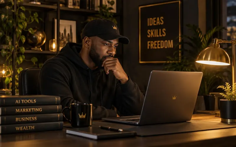 A Black man in a crown-emblem cap studies his laptop beside AI and business books in a warm lamp-lit office.